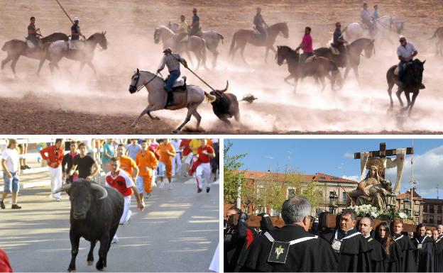 Arriba, encierro campero durante las fiestas de San Antolín. Debajo, procesión de Caridad y la Virgen de las Angustias sale de la colegiata en el desfile extraordinario del 1 de abril.