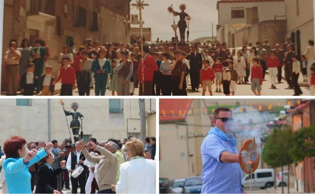 Arriba y abajo a la izquierda, procesión en honor a San Isidro hace años y en la actualidad. A la dercha, lanzamiento de un cohete festivo. 