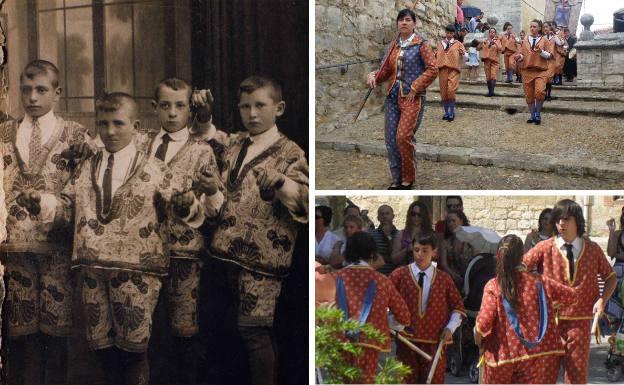 Los danzantes de Villamediana en 1923. Al lado, el grupo actual bajando la escalinata de la iglesia y paloteando.