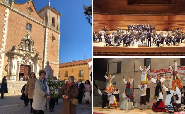 Procesión de las Águedas. A la derecha, actuación en Valladolid de los alumnos de la Escuela Municipal de Música Pico de Uris y el grupo de danzas El Guindo durante el Festival de Folklore Nacional.