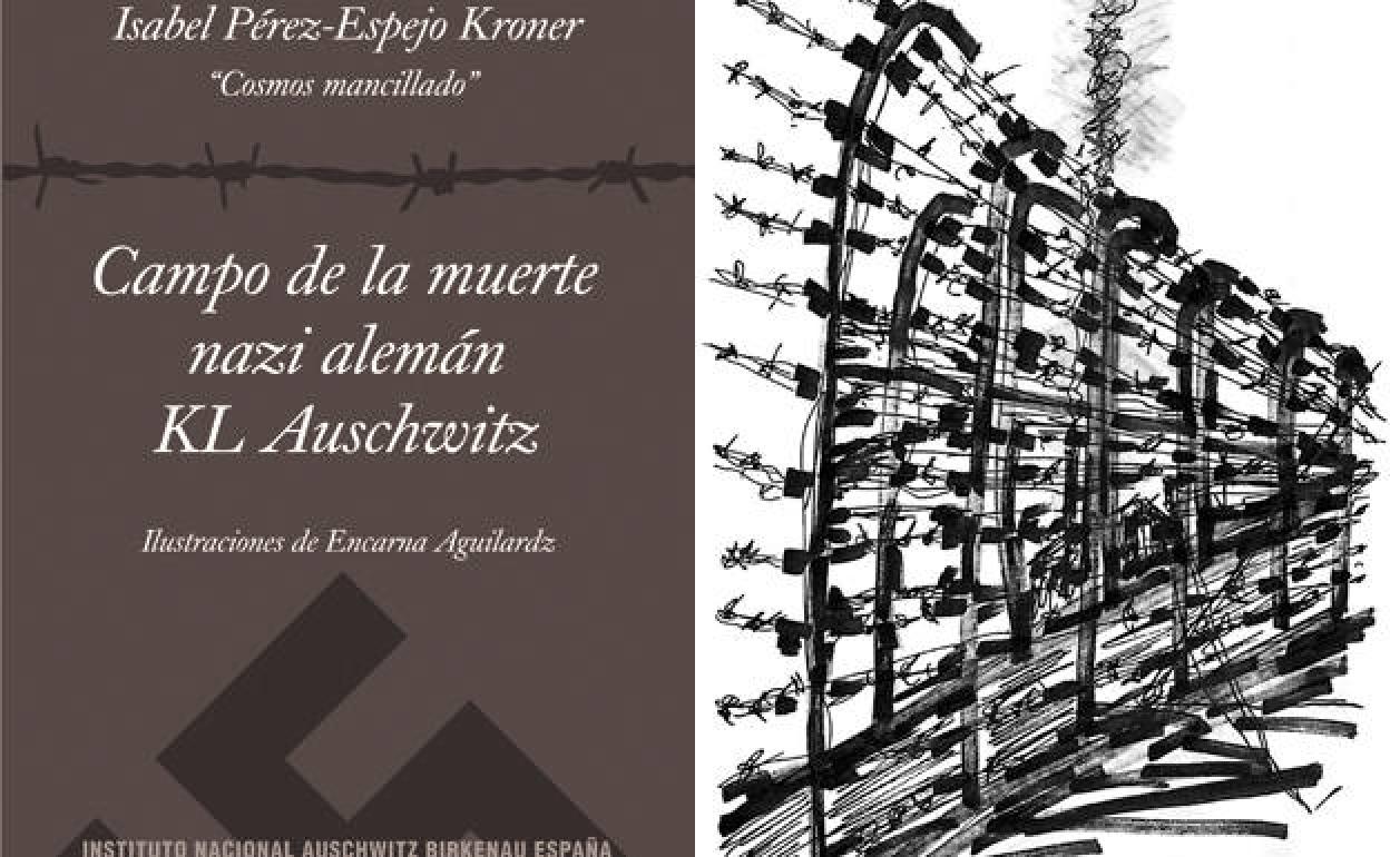 Portada del libro y a su derecha, ilustración de la la alambrada de Auschwitz. 