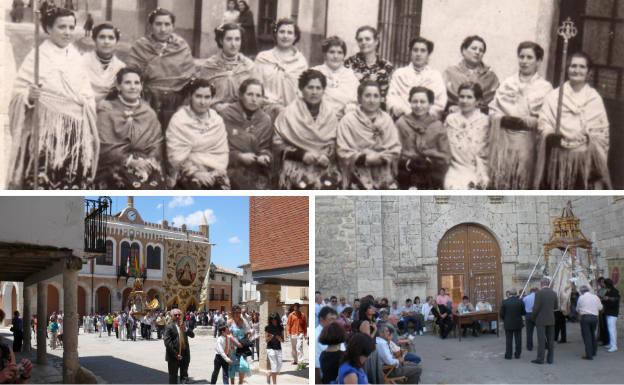 Arriba, águedas de 1950. Debajo, procesión del Corpus y subasta de las Posturas de la Virgen de Tiedra Vieja.