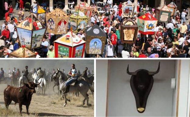 Arriba, exposición de los faroles de las peñas en la Plaza Mayor durante las fiestas. Debajo, imagen actual del Torneo del Toro de la Vegay cabeza del astado expuesta en el salón municipal de plenos.