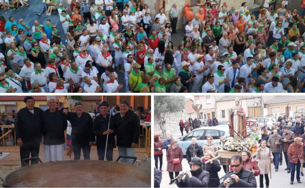 Arriba las peñas, durante el multitudinario pregón de fiestas. Debajo, merienda popular de la chota y procesión de San Martín.