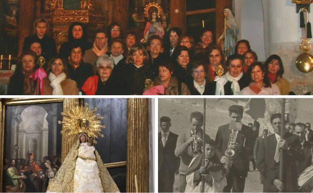 Arriba, celebración en honor de Santa Águeda. Debajo, la Virgen de los Perales y procesión de la Fiesta de los Pastores en los años sesenta, que se celebraba una semana después de la fiesta de la patrona.