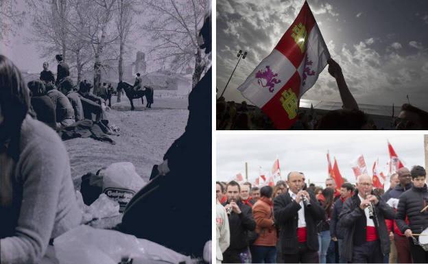 Numeroso público acudió a las celebraciones de 1978. Al lado, Un joven eleva la bandera de Castilla y León y la música tradicional que nunca falta en los festejos del Día de la Comunidad.