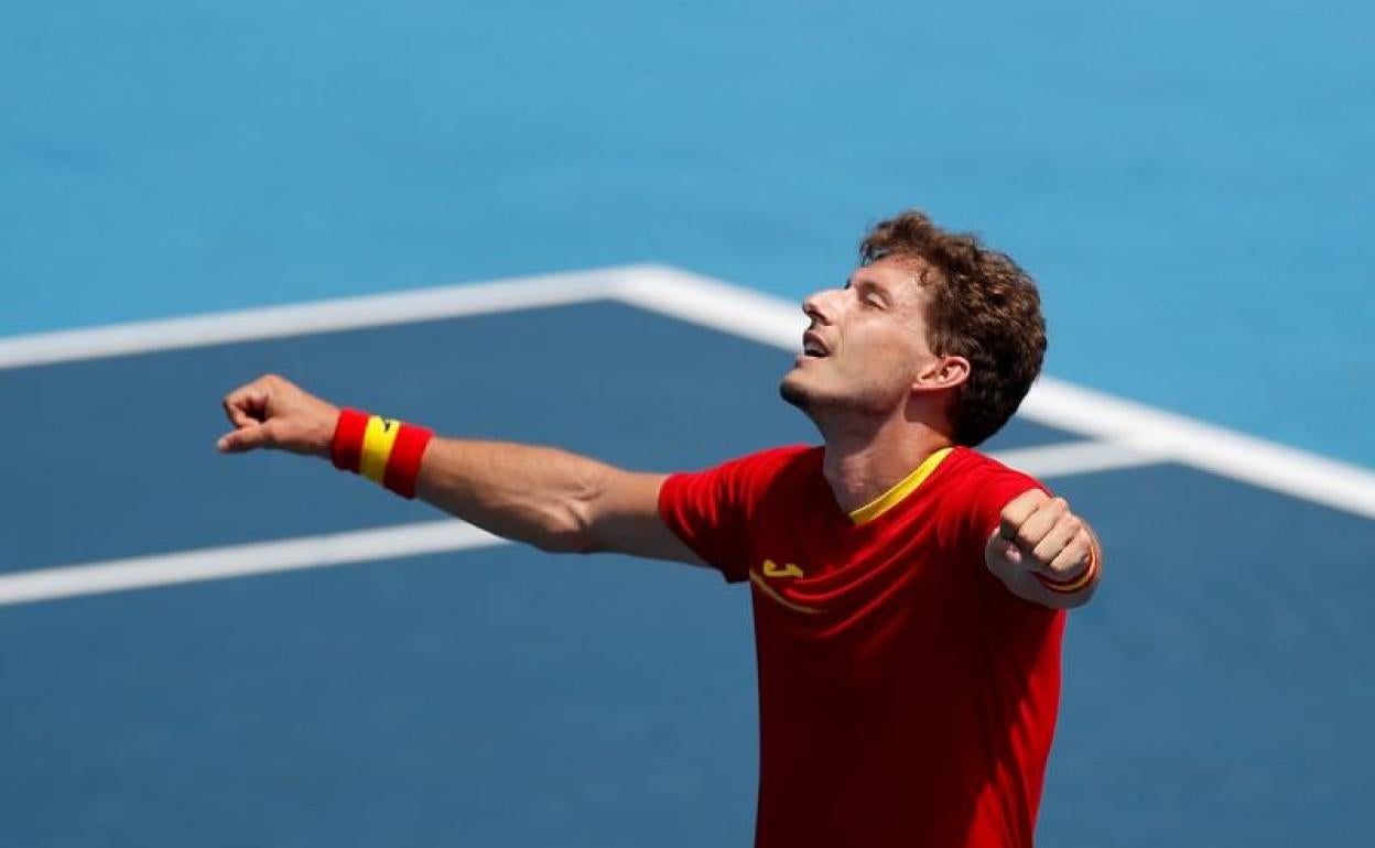 Pablo Carreño celebra su victoria ante el alemán Dominik Koepfer.