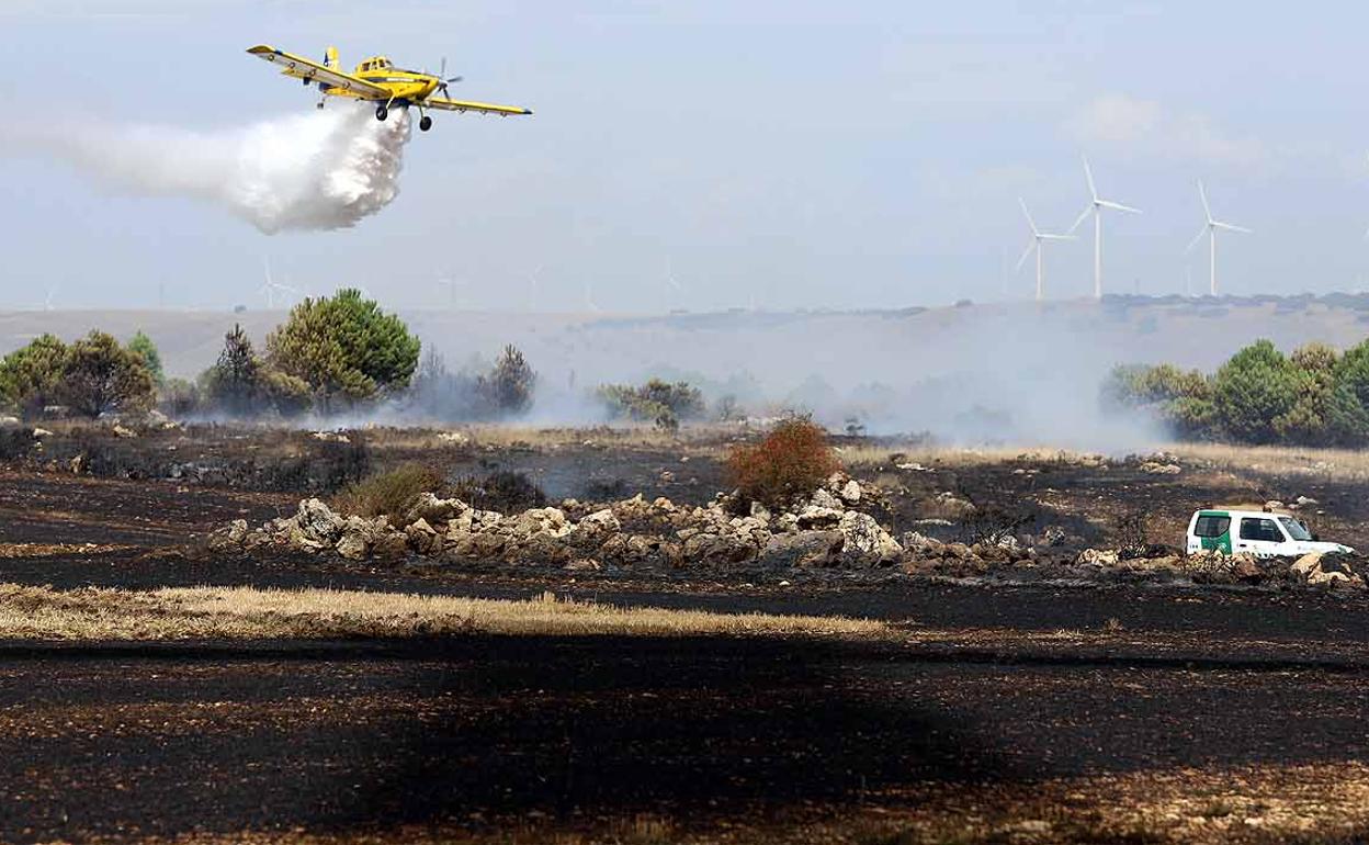 Un avión suelta agua sobre la zona afectada por el incendio.