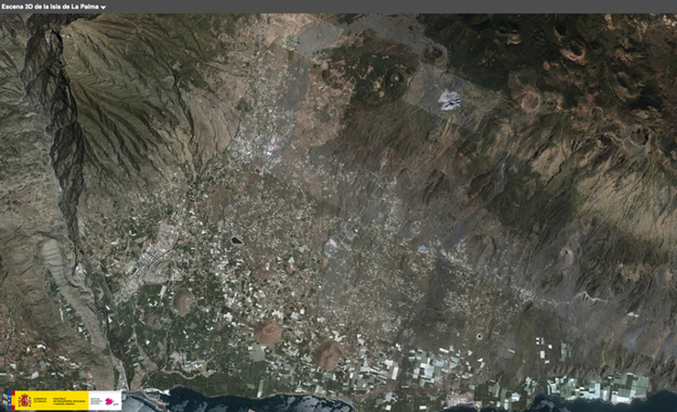 Vista de la zona afectada por el volcán generada a partir de fotografías aéreas. 