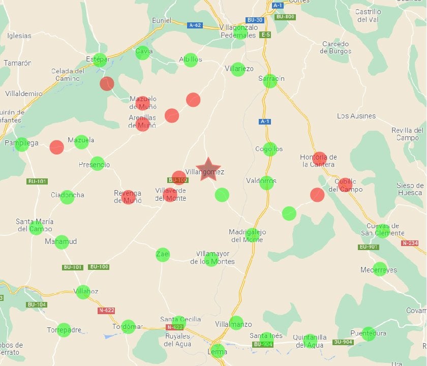 Mapa con los pueblos que sí contarán con banda ancha en verde y los que no, en rojo. La estrella indica dónde se sitúa Villangómez. 