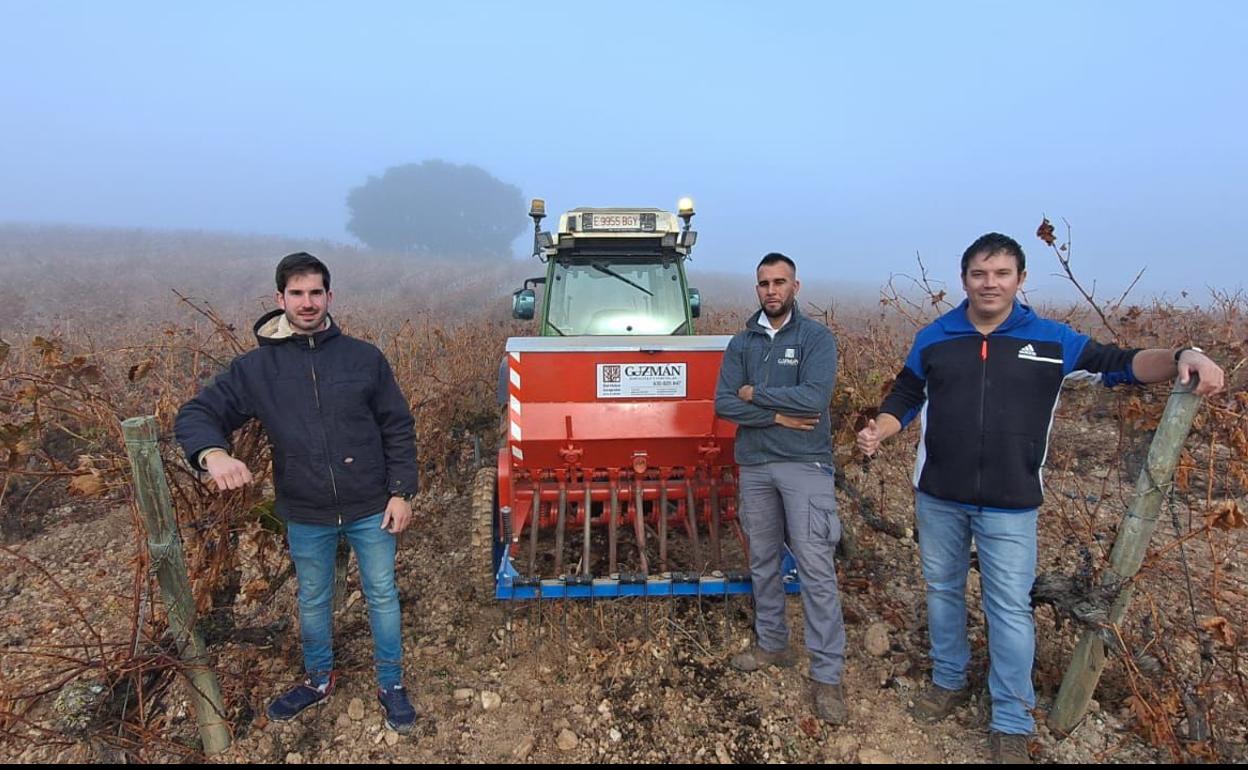 David Ayala, Brahim y Nacho Rincón en los viñedos de Bodegas Pinea. 