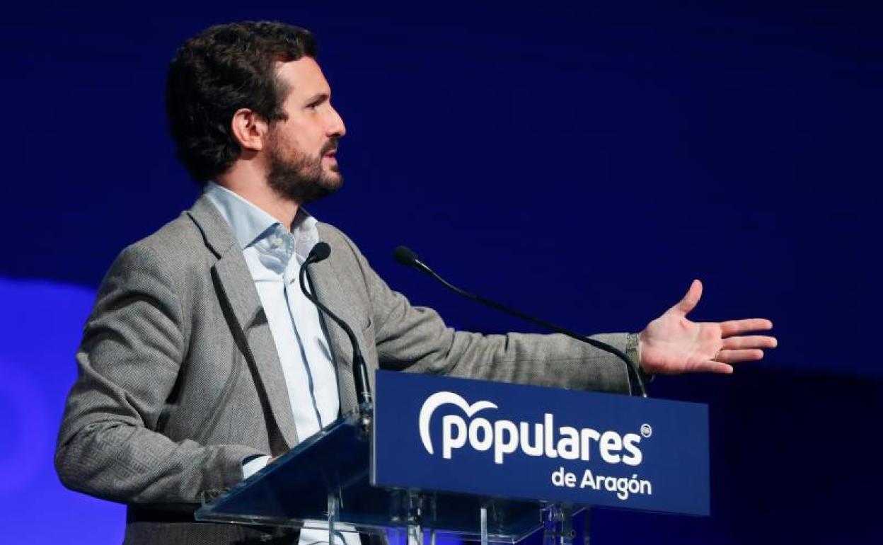 El presidente del PP, Pablo Casado, en el congreso del PP aragonés 