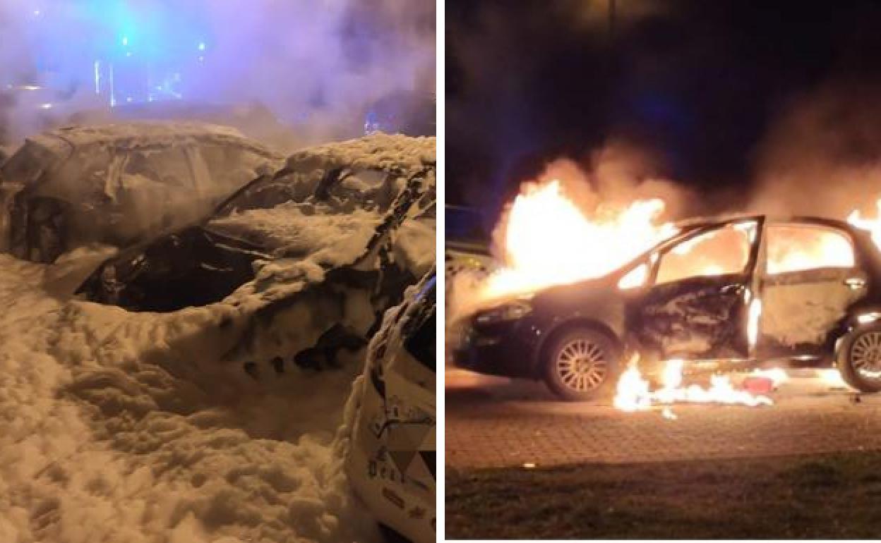 A la izquierda, coches calcinados en Hermanos Machado. A la derecha, un coche en llamas está madrugada en Burgos.