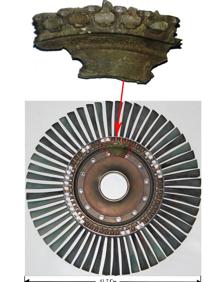 Imagen secundaria 2 - Fragmento del disco del rotor de turbina seccionado por «fatiga de material» (imagen inferior derecha), daños en el fuselaje provocados por la rotura de esta pieza (imagen superior) y el motor izquierdo dañado del caza (imagen inferior izquierda). R. C.