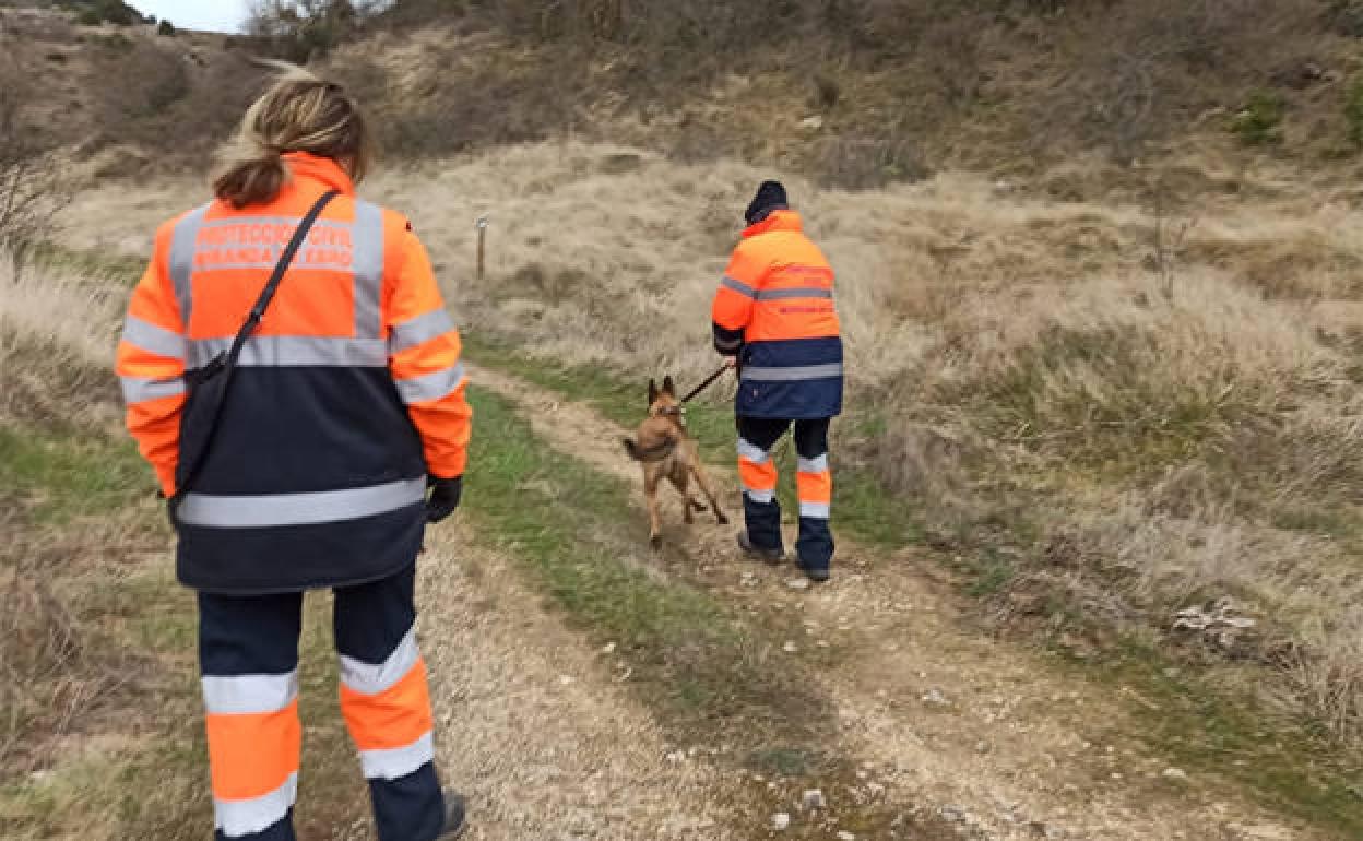 Miembros de Protección Civil con uno de los perros de la Unidad Canina. 