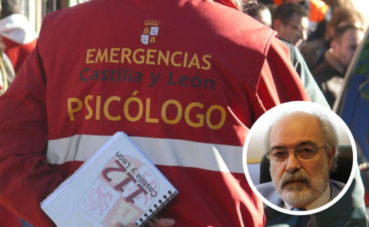 Chaleco identificativo de los psicólogos de Emergencias del 112 en Castilla y León y, en detalle, el coordinador del COPCyL en Burgos, Ignacio Jiménez