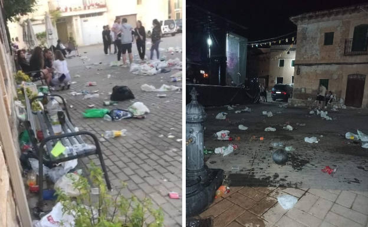 Estado en el que quedó la plaza de Santa Cruz de la Salceda este domingo tras el paso de decenas de jóvenes, muchos de ellos menores, que acudieron a las fiestas.