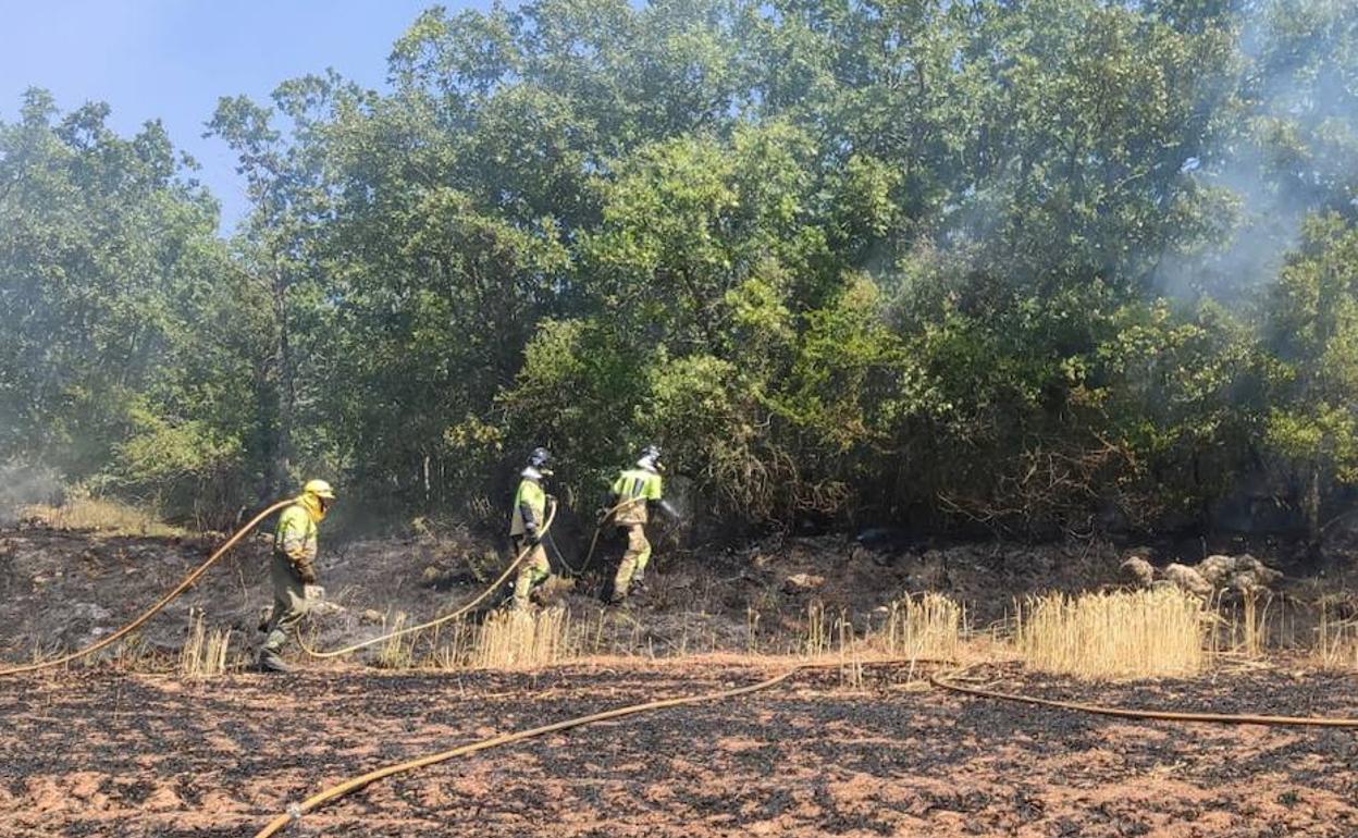 Los Bomberos intentan apagar el incendio, ya extinguido, ocurrido ayer en Orbaneja Ríopico