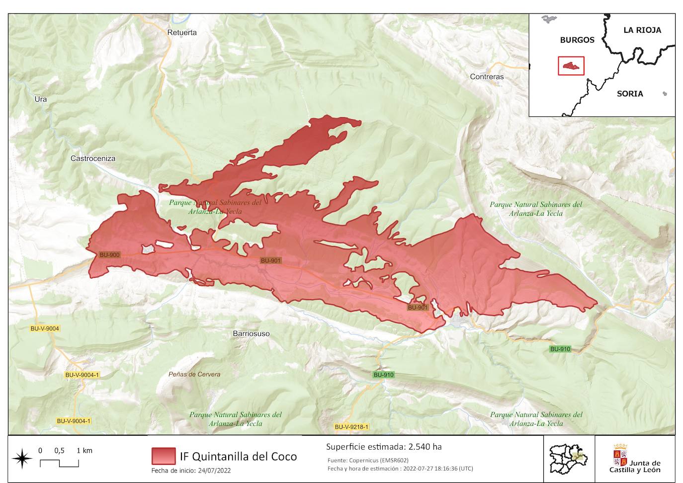 Superficie aproximada arrasada por el incendio de Quintanilla del Coco. 