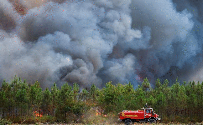 El fuego se desató este martes en Landas, entre Hostens y Saint-Magne, a 216 kilómetros del paso fronterizo de Biriatou, y ha quemado más de 6.000 hectáreas de bosques de pinos en menos de 24 horas. 