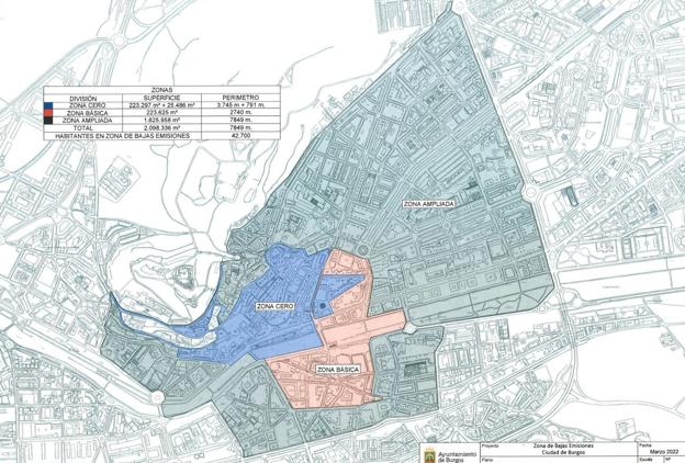 Así quedaría las tres subáeras de la zona de bajas emisiones de Burgos.