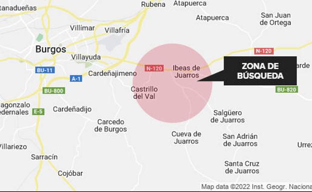 Mapa de la zona en la que se busca a Sergio Sierra Rojo.