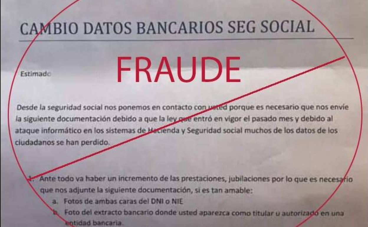 Imagen de la carta fraudulenta con la que se intenta estafar a la población para hacerse con sus datos personales y bancarios