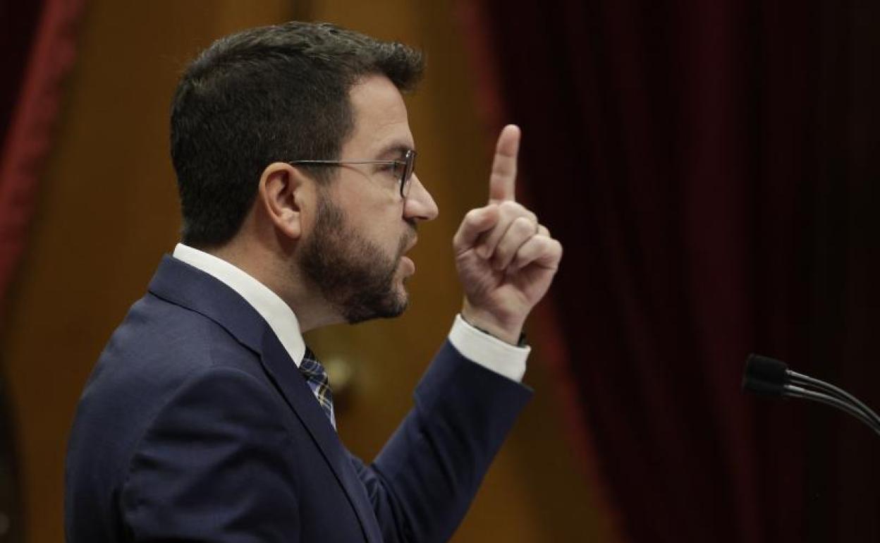 El presidente de la Generalitat, Pere Aragonès, durante su comparecencia este miercoles ante el pleno del Parlament.