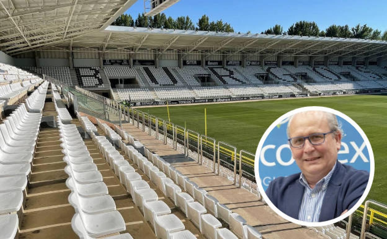 A la izquierda, estadio El Plantío, casa del Burgos CF. En detalle, el vicepresidente de la entidad, Ignacio San Millán