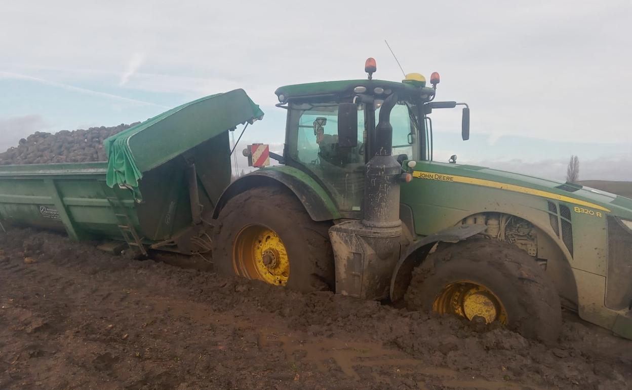 Un remolque cargado de remolacha, atascado en una tierra de la provincia de Ávila. 