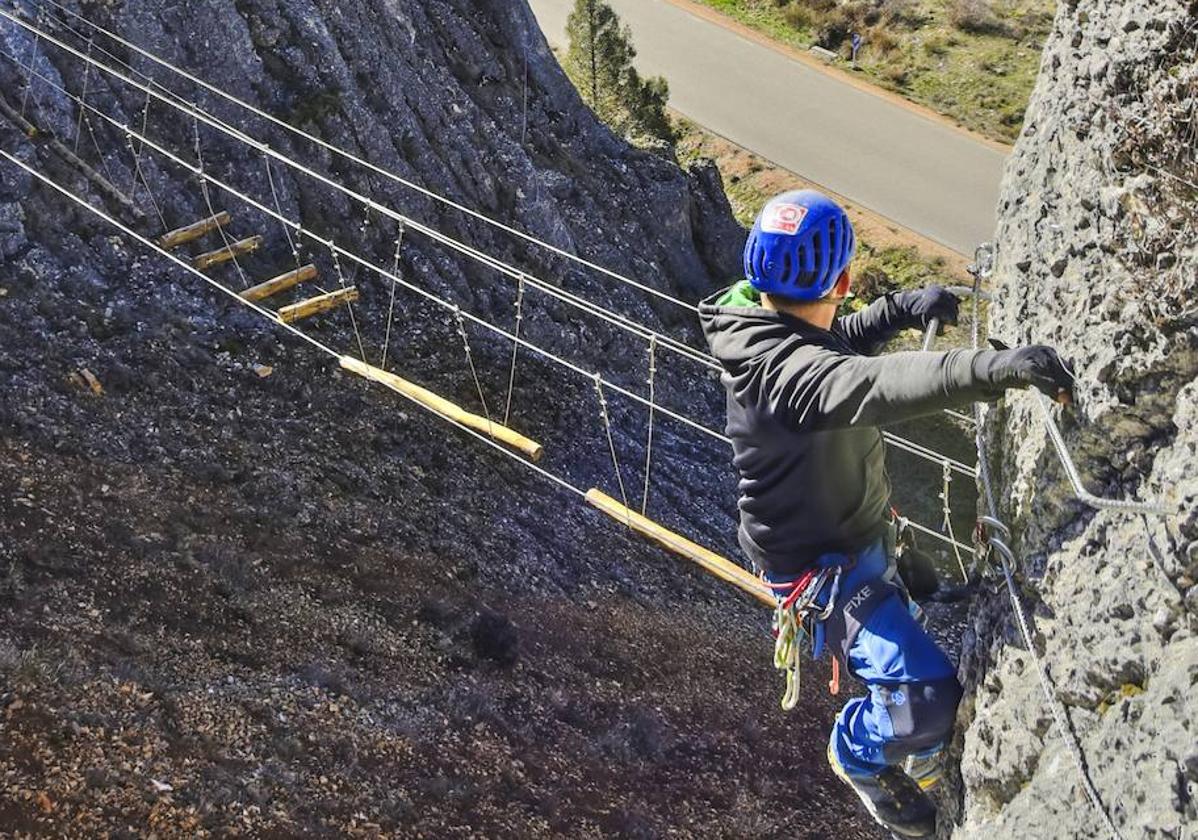 Vista del puente de troncos en la vía ferrata de Araúzo de Miel.