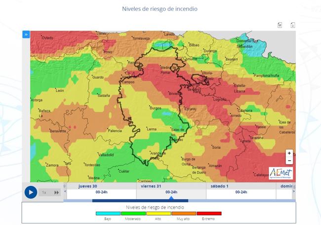 Niveles de riesgo de incendio según la Aemet para el viernes 31 de marzo.