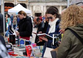 Cientos de personas se han acercado a la plaza Mayor a disfrutar de la feria del Día del Libro.