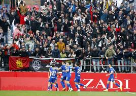 Imagen de la celebración del primer gol del Burgos en el partido frente al Mirandés.