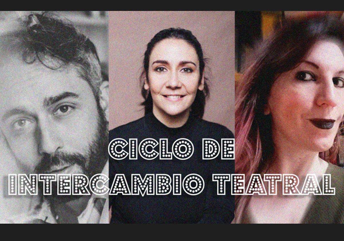 Los dramaturgos Paco Gámez, Carolina África y María Velasco (d) que viajarán a Sudámerica.