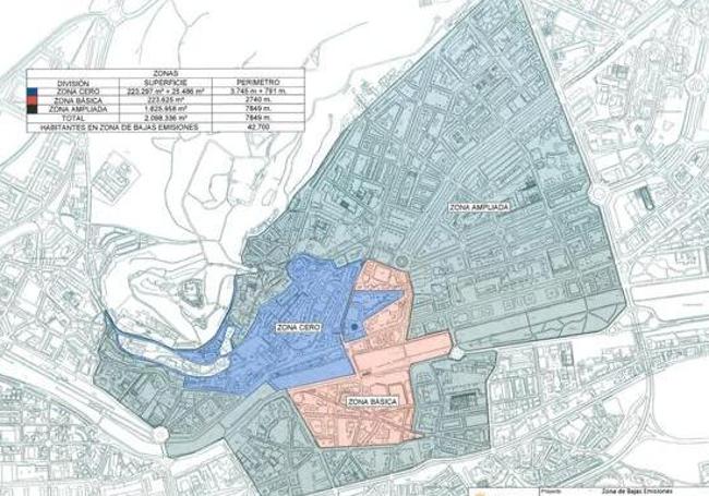 Plano de las diferentes áreas de implantación de la zona de bajas emisiones de Burgos.