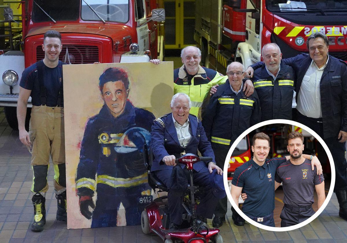 Adrián Martínez (izda.) con los bomberos de su familia: Vitores, Chema, Andrés, Juanjo y José Luis / En el círculo, Adrián con su primo Javier