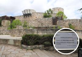 Castillo de Burgos. En detalle, cartel informativo del cierre para las obras de remodelación