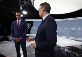 Los candidatos a la presidencia del Gobierno, el socialista Pedro Sánchez (i) y el popular Alberto Núñez Feijoo, antes de iniciar el debate electoral hoy lunes en Madrid.