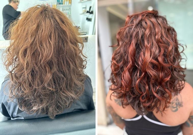 Antes y después de un tratamiento curly y coloración a una clienta en Oh!Arte por Tamara Olarte