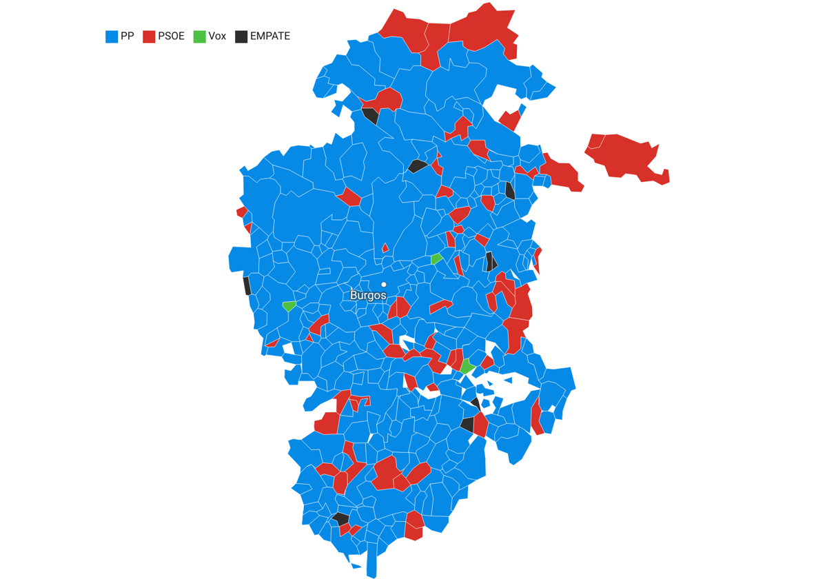 Mapa del resultado del 23J por municipios en Burgos.