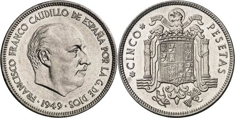 Moneda de cinco pesetas de Franco del año 49.