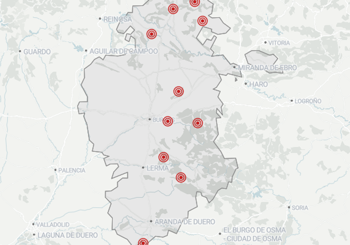 Mapa sobre los focos de fiebre hemorrágica epizoótica en Burgos