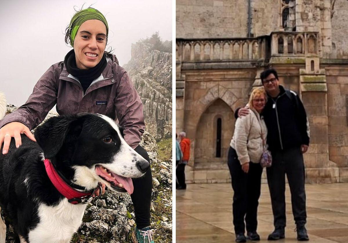 Carmen Izquierdo, a la izquierda, disfrutando de sus aficiones en la naturaleza. Montserrat Ocón y Roberto Castellanos, a la derecha, frente a la Catedral de Burgos.