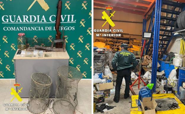 A la izquierda, artes prohibidas de caza y pesca encontradas en los talleres clandestinos. A la derecha, un agente inspecciona una de las naves