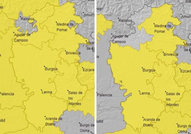Previsión de avisos en Burgos para este viernes (izq.) y el sábado (dcha.)