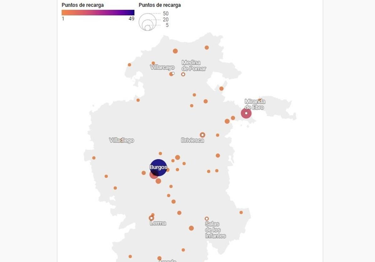 Puntos de carga de vehículos eléctricos en la provincia de Burgos.