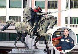 El Cid Campeador con el pañuelo de Sampedros y, a la derecha, el jefe de Bomberos de Burgos.