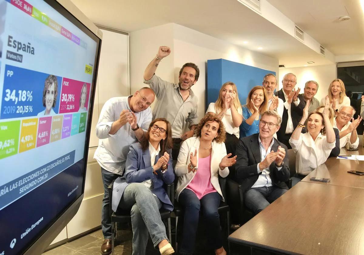 Alberto Núñez Feijóo y la candidata Dolors Montserrat celebran los resultados junto a la directiva del PP.