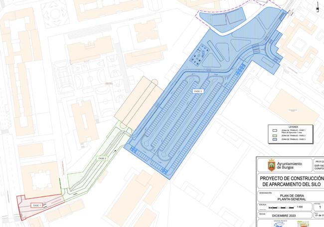 Plano del aparcamiento disuasorio de El Silo, sus plazas y sus tres fases.